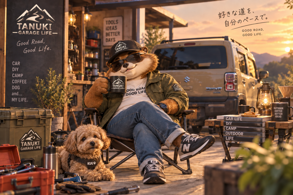 TANUKI GARAGE LIFEを楽しむタヌさんと愛犬くう